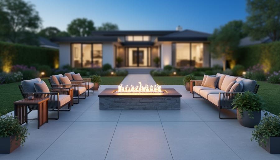Fire pit area with pavers and gravel showing clear space around the flames and nearby seating