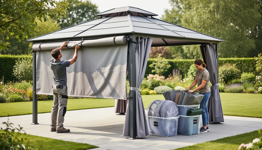 Gazebo with soft-top canopy secured and removable curtains and lights stored for winter storm protection.
