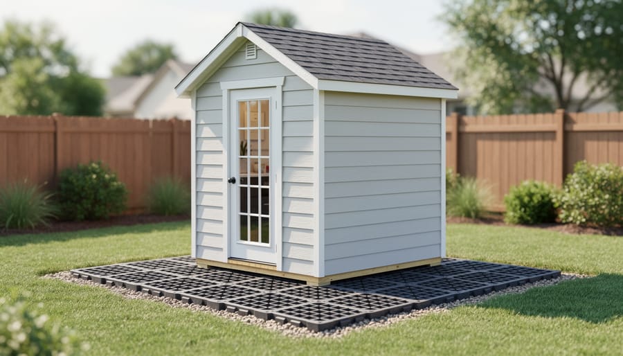 A small she shed foundation supported by interlocking plastic grid panels