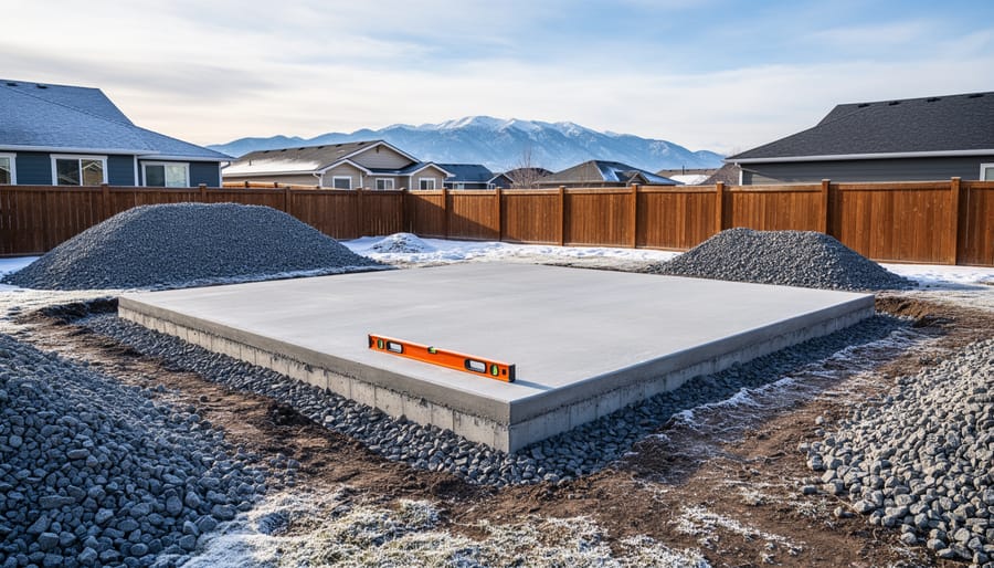 Homeowner inspecting shed base area with gravel foundation in warm evening light.