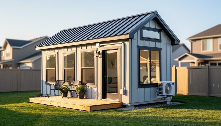 Exterior of a shed converted into a tiny home with deck and skirting in a residential yard