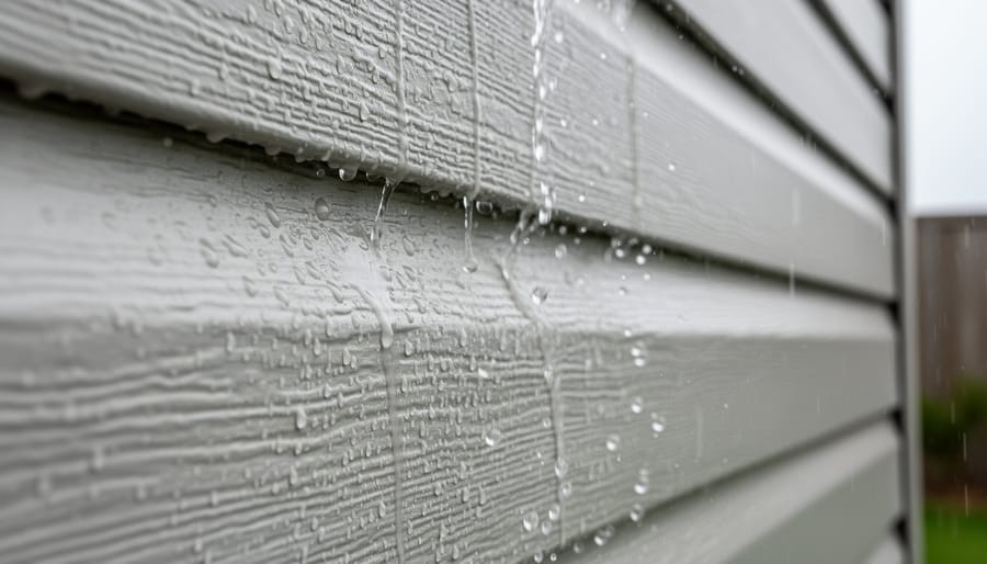 Outdoor wooden storage shed wall with water droplets beading on the siding in light rain