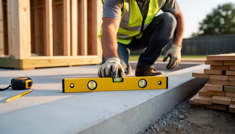 Homeowner checking levelness with a spirit level near shed foundation materials