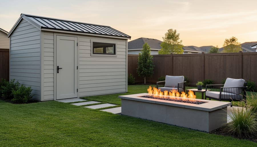 Metal storage shed next to a fire table with stacked firewood in a landscaped patio area