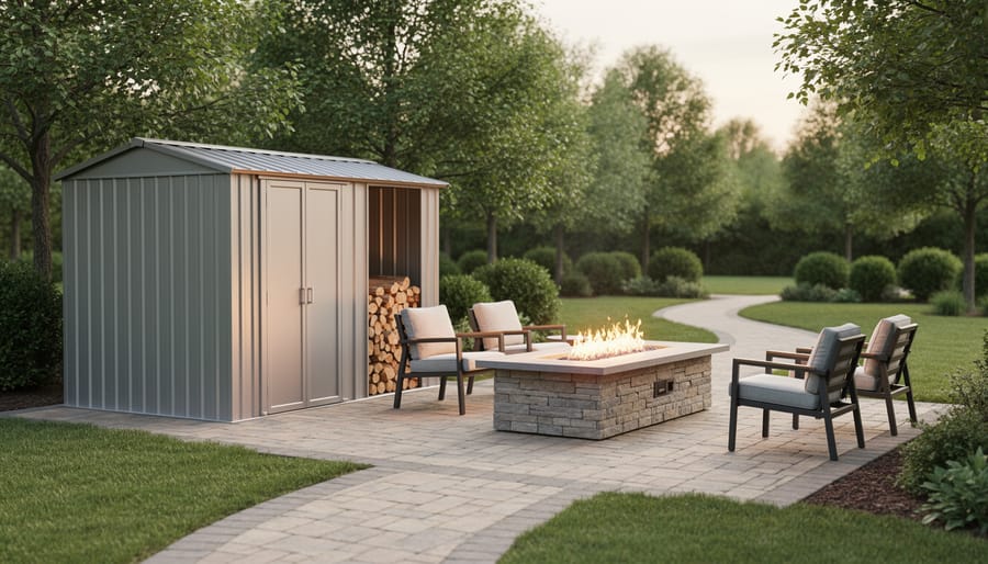 Metal storage shed next to a stone fire table with stacked firewood and a landscaped patio area in a backyard.