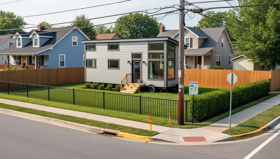 Tiny home on a trailer parked on a residential property showing placement context