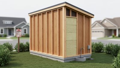 Medium-wide photo of a shed converted into a tiny house with visible construction details in a suburban yard under soft daylight.