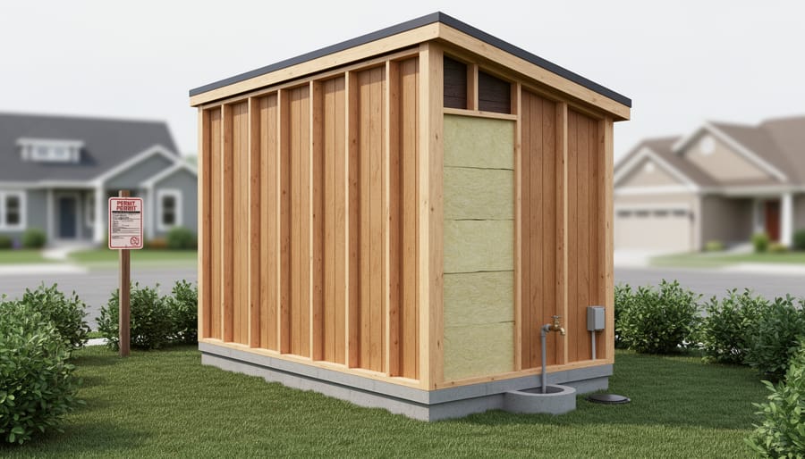 Medium-wide photo of a shed converted into a tiny house with visible construction details in a suburban yard under soft daylight.