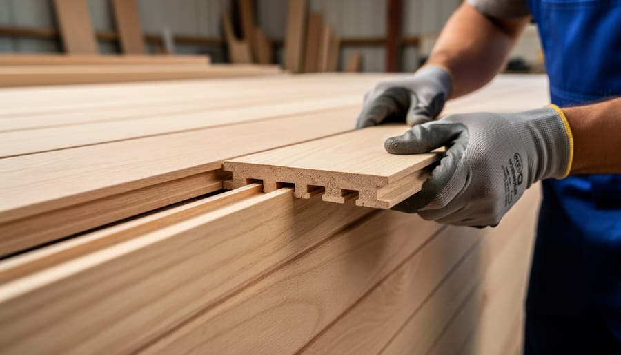 Hands installing tongue-and-groove wood shed wall panels with a drill, focusing on the seam fit