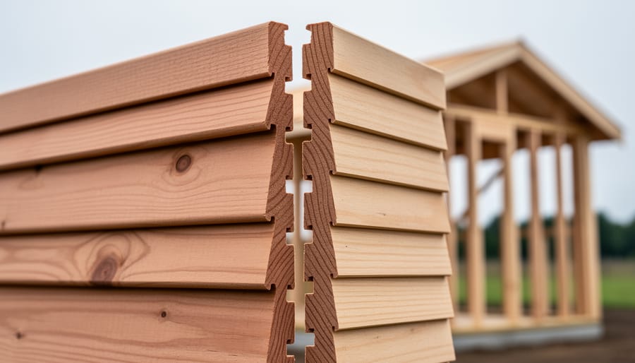 Close-up comparison of tongue-and-groove and V-groove wood shed wall panels, showing the interlocking overlap versus the V-shaped channels.