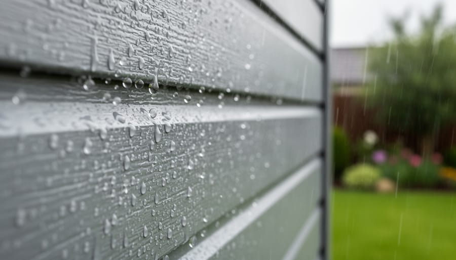 Close-up of water beading on a resin shed panel after rainfall.
