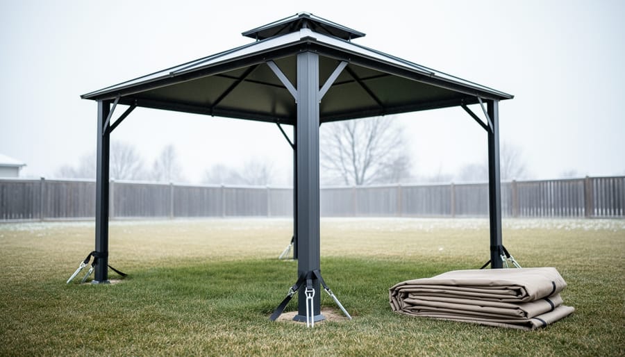 Metal gazebo in a backyard with anchoring hardware at the base and canopy fabric removed and prepared for winter wind and storms.