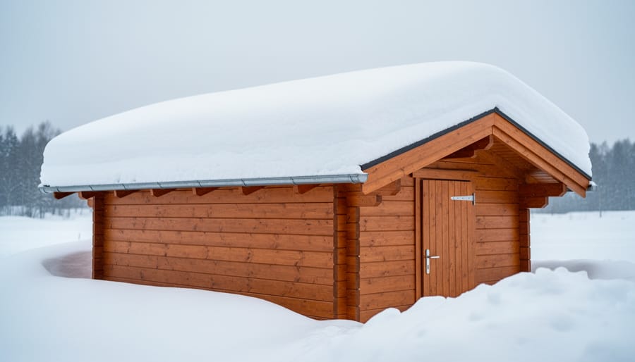 Close-up view of snow-laden wood shed roof structure looking up from ground level.