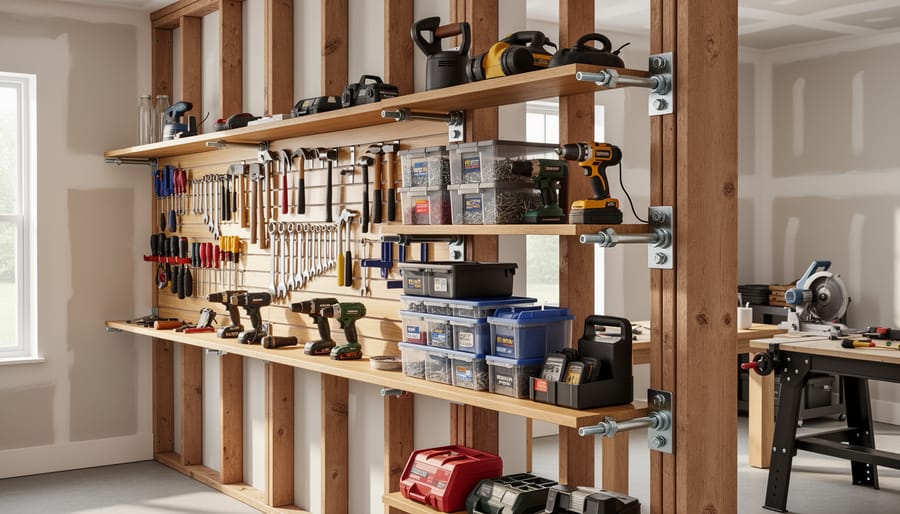 Tools and a wall-mounted shelf inside a wood storage shed attached to sturdy wall framing