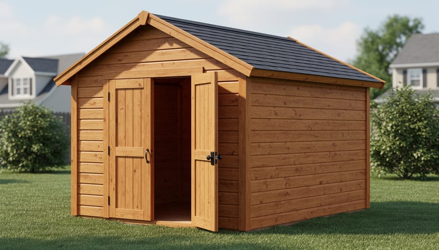 A wooden storage shed with visible wood grain and siding in a backyard setting