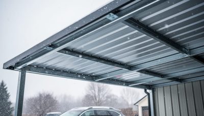 Metal carport roof under light snowfall, viewed from below to show roof beams and snow coverage.