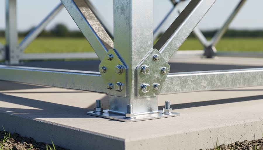 Close-up of metal carport frame and anchoring base with snow and ice crystals nearby