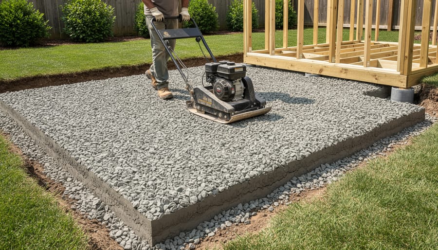 Hand tamper compacting crushed stone gravel on a prepared shed foundation base