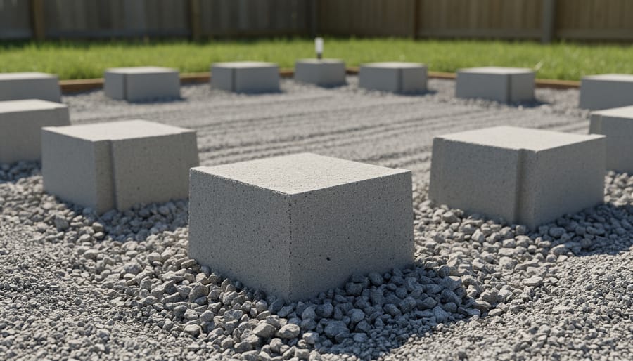 Concrete block foundation supports set on a level gravel pad for a shed