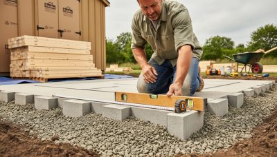 Homeowner kneeling next to a leveled gravel and concrete block shed foundation while using a level and tape measure, with a shed kit nearby in the yard.