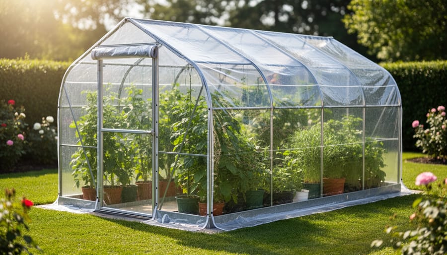 Greenhouse with clear plastic film stretched over metal framing under daylight