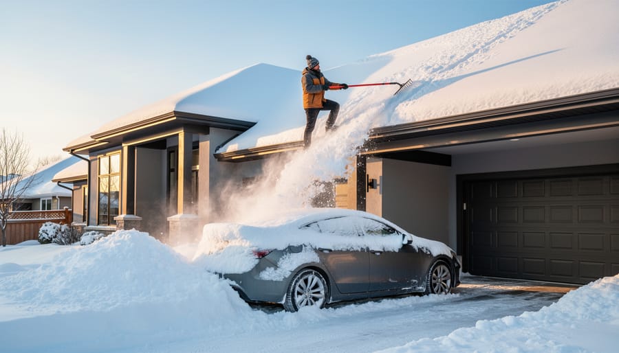 Person using a snow rake to clear light snow from a carport roof edge