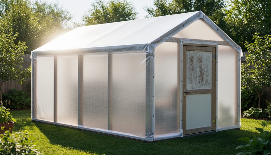 Outdoor shed roof and greenhouse corner covered with UV-resistant polyethylene film