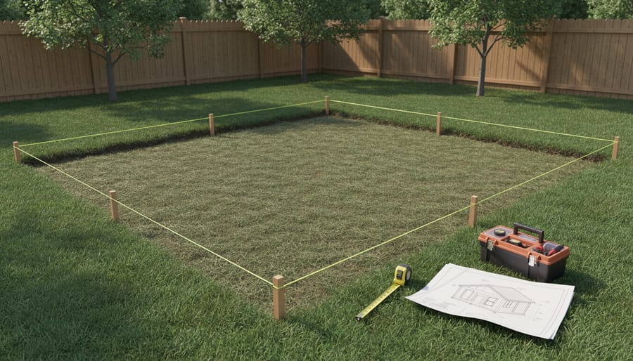 String line and stakes marking a cleared shed foundation area on soil in a backyard