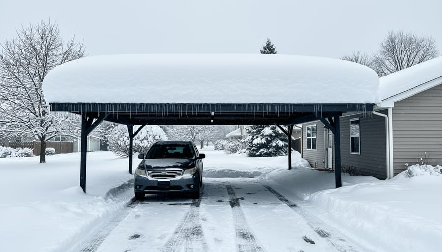 Residential carport roof covered with snow in a driveway during an overcast winter day